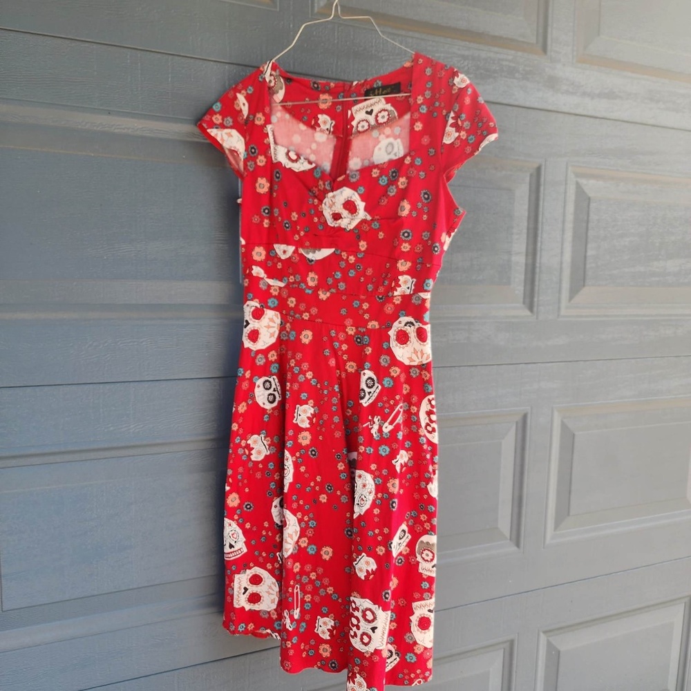 iHot Skull Dia De Los Meurtos Red Rockabilly Pinup Dress L